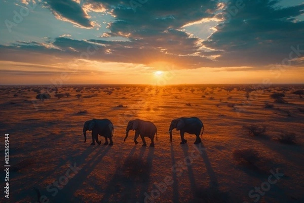 Fototapeta Majestic Elephants in Dry Desert Landscape During Golden Hour, Drone