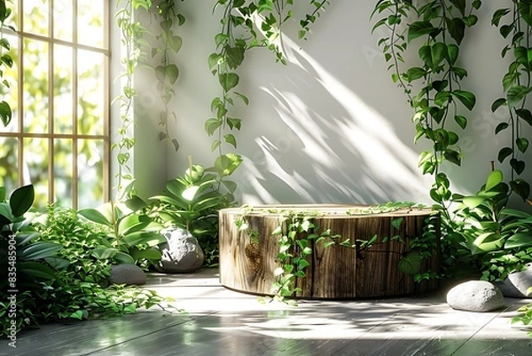 Fototapeta A serene indoor space with a wooden platform adorned by lush green plants, sunlight streaming through the window, creating a tranquil and inviting atmosphere.