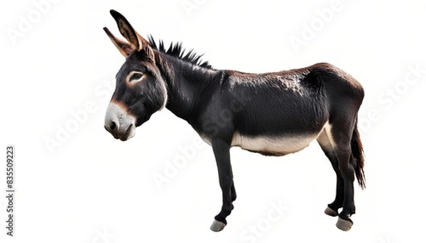 Fototapeta donkey or wild jack ass - Equus africanus asinus - a domesticated equine and used mainly as work, draught or pack animals. cute full body looking at camera, isolated on white background