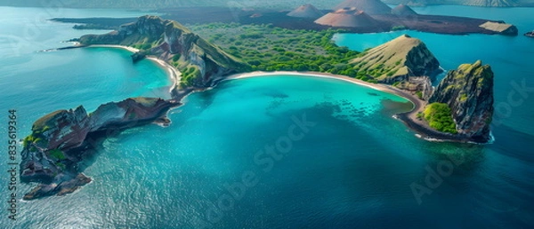 Fototapeta 8k, Top view widescreen of Seascape The wonders of the Galapagos ecosystem, A tropical underwater scene with fish, coral reefs, and a diver in the blue ocean