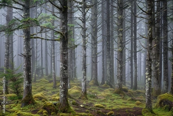 Obraz Moss-covered trees in a foggy forest. Nature photography.