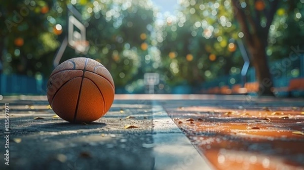 Fototapeta Autumn Game: Basketball on a Rainy Urban Court. 
A basketball left on a wet outdoor court surrounded by autumn leaves, evoking a sense of solitude and the season's change in an urban environment.