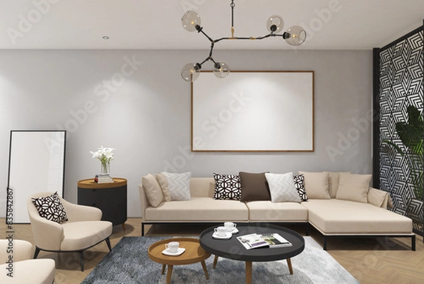 Fototapeta 3d render of interior scandinavian living and dining room mock up with cnc  screen and hanging lamp. Light gray wall, wood parquet and white ceiling. Set 5