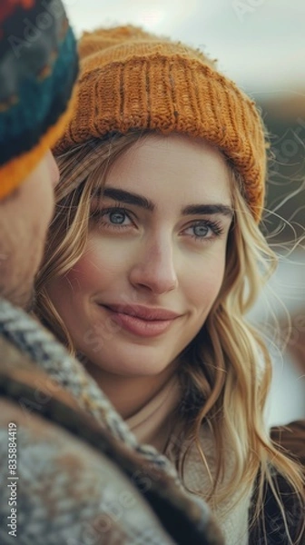 Fototapeta Woman in Orange Beanie Smiles at Her Partner Outdoors