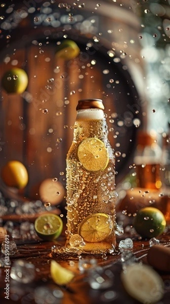 Fototapeta Bottle of sparkling beverage with citrus slices and splashing bubbles on a warm, rustic background.