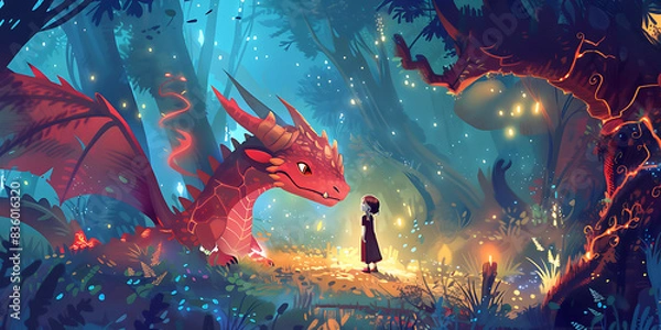 Fototapeta : A captivating 2D cartoon cover showing a brave knight and her dragon companion exploring a mysterious, enchanted forest, with glowing fairy lights and ancient runes etched into the treesy_6144x3072.