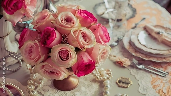 Obraz Bouquet of pink and beige roses vintage wedding decoration