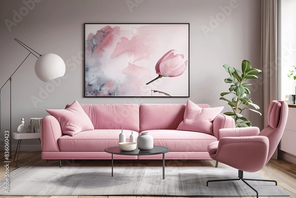 Fototapeta photo of light pink sofa and recliner chair in scandinavian indoor style 