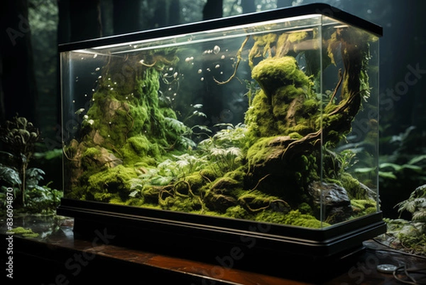 Fototapeta Step into a Mesmerizing Oasis of Greenery Enclosed in a Glass Aquarium, where the Vibrant Moss evokes a Sense of Calm and Peace