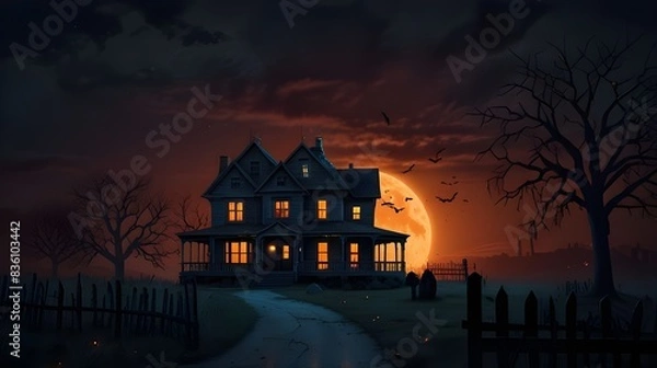 Fototapeta Eerie Halloween Concept: Realistic Horror House and Creepy Street Under Moonlight - 3D Illustration,Halloween theme, haunted Halloween, horror movie scene, Halloween decor, spooky illustration