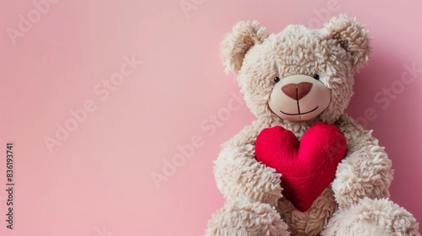 Fototapeta Teddy bear with heart isolated on pink background , copy space for text, Valentines day love concept