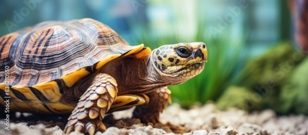 Fototapeta A veterinarian carefully releases a pet tortoise on an examination table at a veterinary clinic for a routine health check, showing a close-up with copy space image.