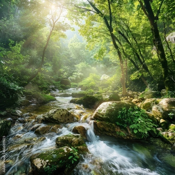 Fototapeta A stream of water flows through a forest