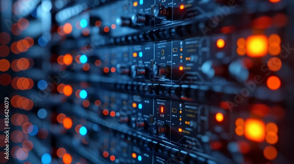 Fototapeta Close-up of Server Rack with Blinking Lights. Detailed close-up of a server rack with blue and orange blinking lights, representing data processing and network infrastructure.

