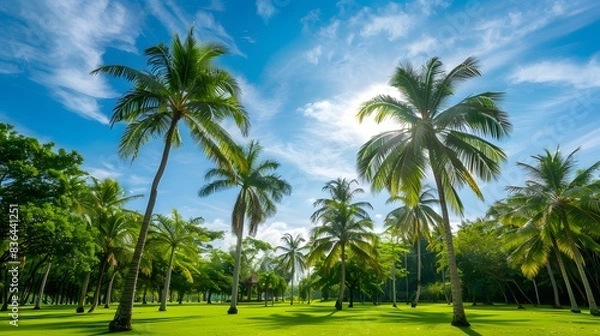 Fototapeta 青い空を背景に高いヤシの木がある美しい緑豊かな熱帯公園