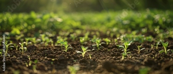 Fototapeta A wide-angle view of fertile soil in a quiet environment, showcasing the beginning of lush greenery in spring. The focus is on delicate seedlings emerging from the rich earth, promising growth