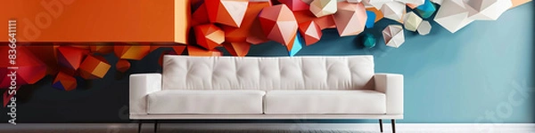 Fototapeta Geometric burst 3D wall art in bold colors with a sleek white sofa.