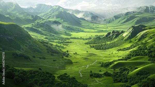 Fototapeta Lush Valley A green valley surrounded by hills or mountains, with a river winding through it