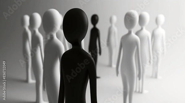 Fototapeta Abstract art depicting a group of faceless humanoid figures in black and white in a minimalistic setting.