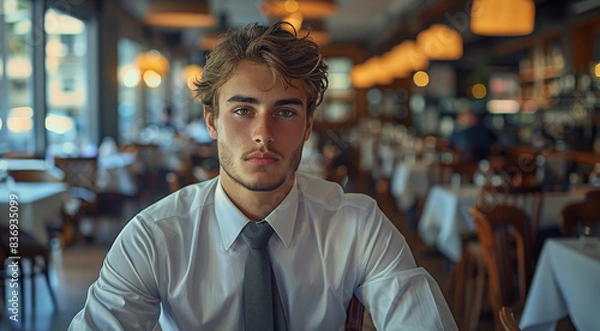 Fototapeta A young man dressed in business clothes in a restaurant. Generative AI.