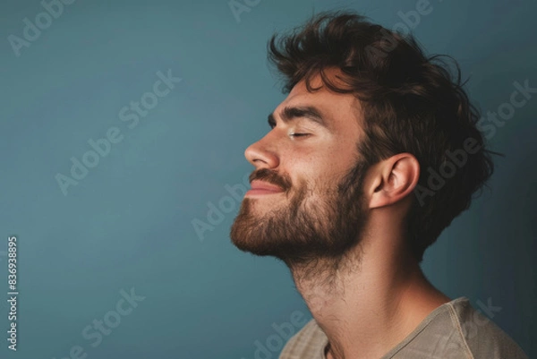 Obraz A close up of a man with beard and closed eyes looking to a side