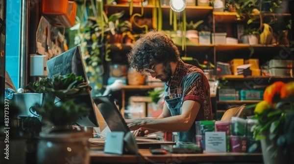 Fototapeta The business of plants meets the digital world as a man in glasses types away on his laptop.