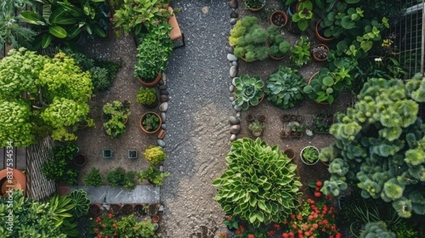 Fototapeta The beautiful summer garden at home boasts a stunning design with lush green trees, vibrant flowers, and a backdrop of nature bathed in sunlight during the spring, creating an enchanting outdoor space