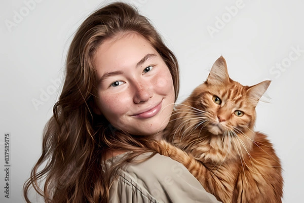 Fototapeta Professional photography of a happy girl hugging a  well groomed cat , portrait closed up shot, background, wallpaper