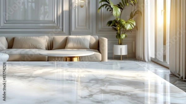 Fototapeta Elegant Marble Table in Luxurious Living Room Backdrop for High End Home Decor and Product Display