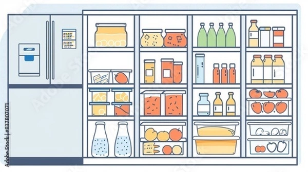 Fototapeta A clean 2D outline graphic of a safe food storage system, showing different sections of a refrigerator and pantry with labeled containers for fruits, vegetables, proteins, and grains