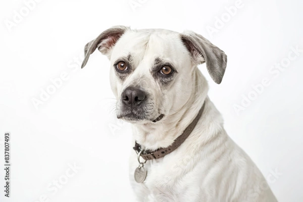 Fototapeta White dog with brown collar looking at camera