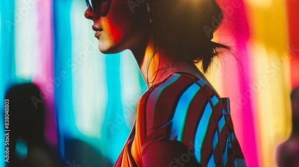 Fototapeta Stylish woman in sunglasses with colorful lights background, creating an artistic and vibrant urban scene.