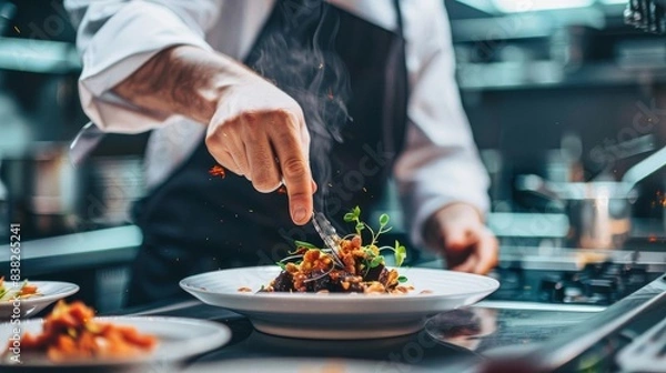 Fototapeta Chef in a restaurant kitchen preparing a gourmet healthy dish, with emphasis on quality ingredients and artistic presentation