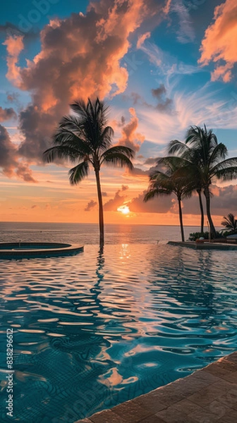 Fototapeta tropical resort swimming pool with palm trees and sunset