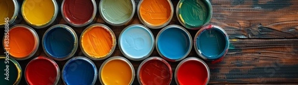 Fototapeta Multicolored paint cans with a color swatch and a paintbrush