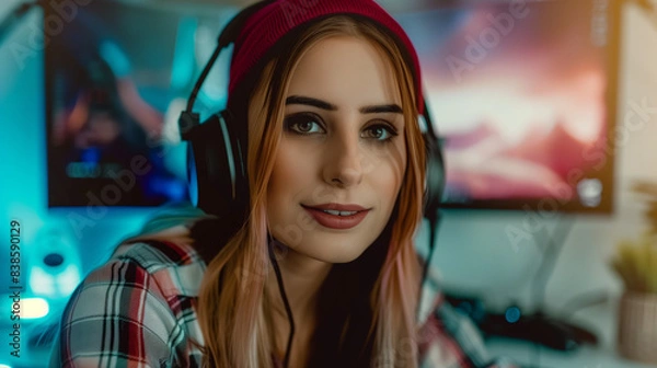 Fototapeta frontal view of a good looking  gamer concentrating on the screen, holding controller, 