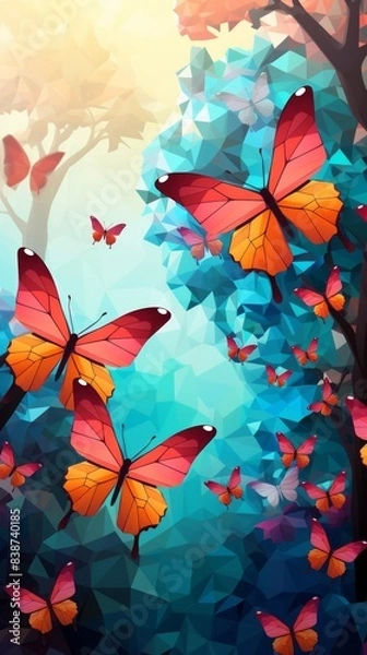 Fototapeta illustration of a butterfly garden with butterflies flying amongst colorful flowers, wallpaper