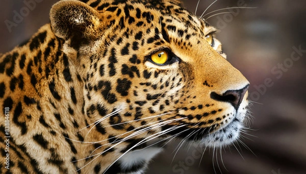 Fototapeta A striking portrait of a leopard with a piercing yellow eye highlighting its fierce and majestic presence