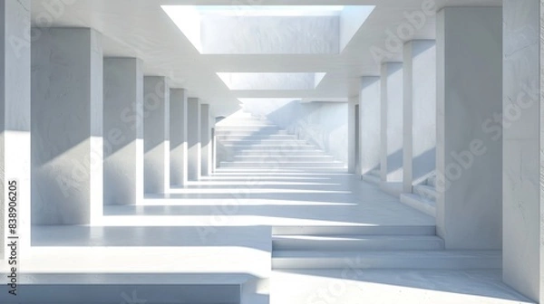 Fototapeta Abstract architectural corridor with modern white columns and natural light. Minimalist design with sharp shadows and symmetry.