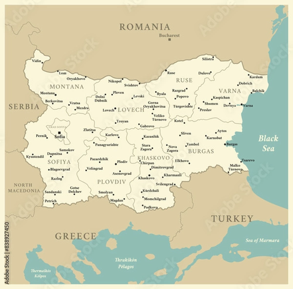 Fototapeta Bulgaria - detailed map with administrative divisions and capitals of countries. Vector illustration