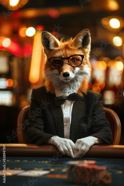 Fototapeta  sly fox in a stylish black suit with glasses sits at a gaming table in a casino, luxury setting, gambling concept, blurred background with copy space