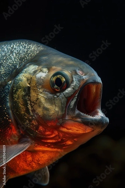 Fototapeta Mystic portrait of Piranha, copy space on right side, Anger, Menacing, Headshot, Close-up View Isolated on black background