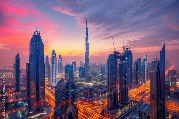 Fototapeta Dubai skyline at sunset with city lights and traffic.