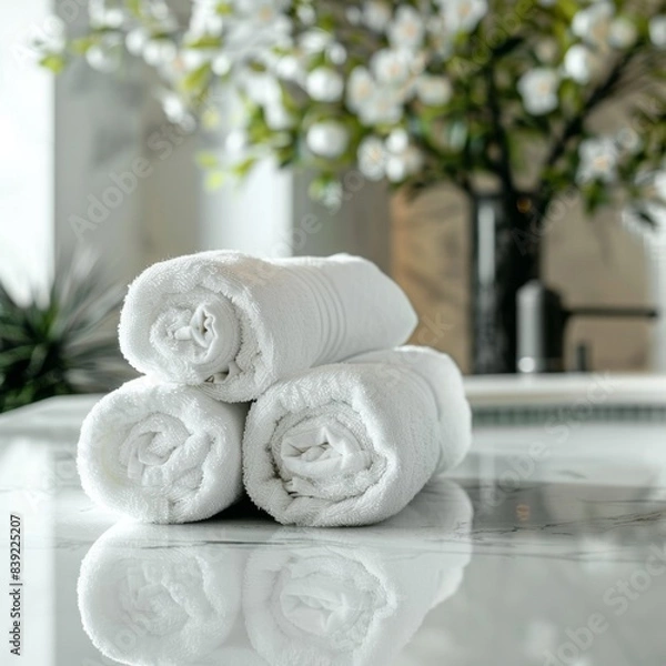 Fototapeta Clean soft rolled towels on white table banner, hotel, spa mockup with copy space,