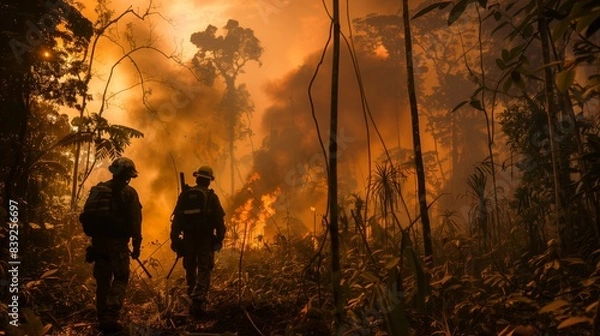 Fototapeta Two rangers patrol a forest burning with flames and smoke