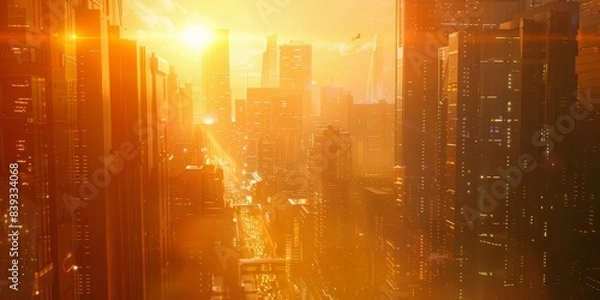 Fototapeta Sunrise over a futuristic city with sunlight reflecting on high-tech buildings, streets bustling with morning activities 