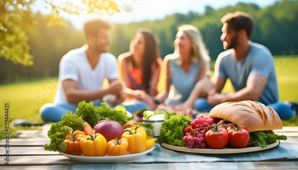 Fototapeta Friends enjoying a sunny picnic in the park, with fresh fruits and vegetables on the table, creating a vibrant and joyful outdoor experience.