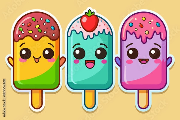 Fototapeta kawaii sticker featuring three colorful popsicles vector illustration