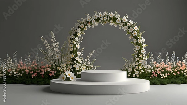 Fototapeta Beautiful podium spring 3d flower product with vase and table