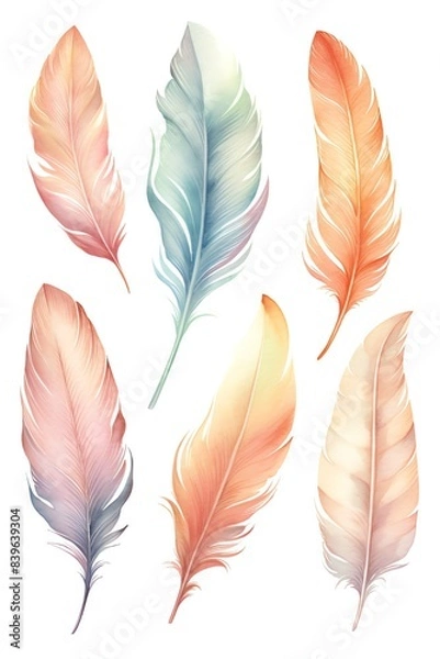 Fototapeta Set of six colorful watercolor feathers on white background. Perfect for design, decoration, print, and craft projects.